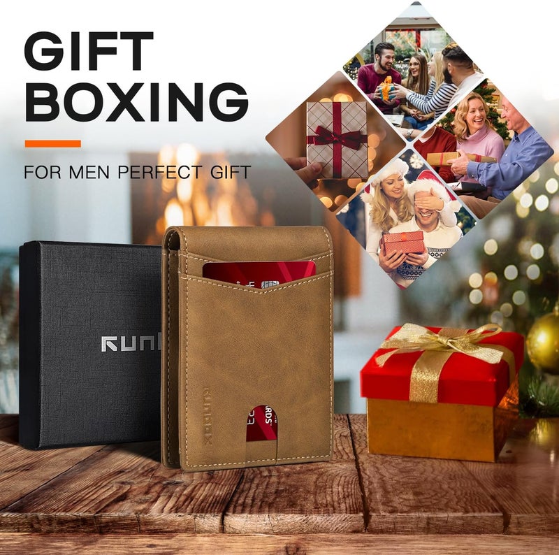 RUNBOX Wallet for Men Slim Leather Bifold RFID Blocking Minimalist Front Pocket Design with Gift Box - Image 3